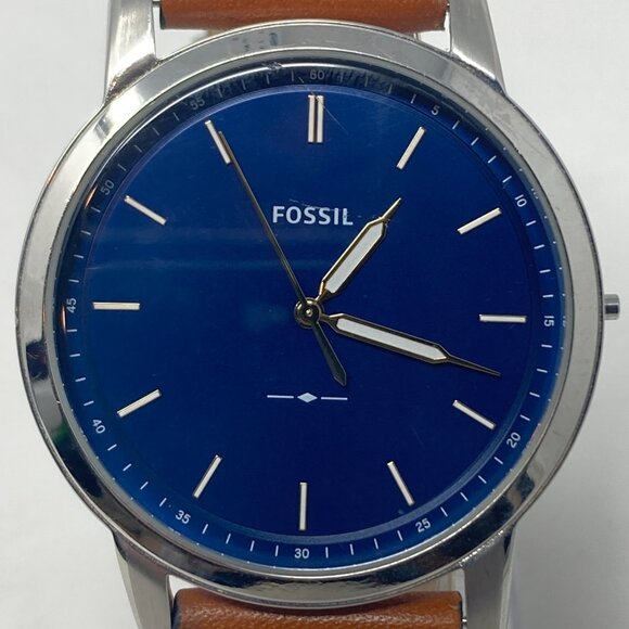 Fossil Minimalist Watch Men MISSING CROWN 44mm Silver Tone Blue Dial Leather - Picture 2 of 16